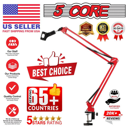 5Core Microphone Boom Arm Desk Mic Stand Adjustable Clamp Suspension Boom Stands RED