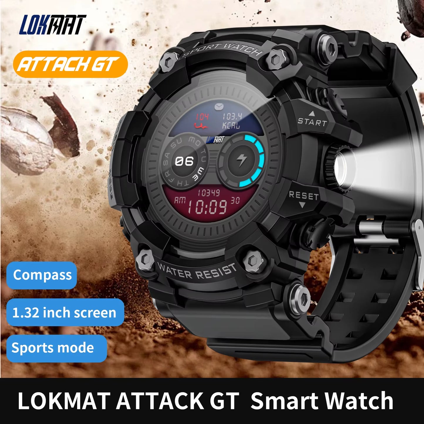 ATTACK-GT Upgrade Sport Smart Watch Waterproof Bluetooth Calls Rugged Smartwatches Flashlight Fitness Tracker for Phone