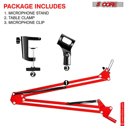 5Core Microphone Boom Arm Desk Mic Stand Adjustable Clamp Suspension Boom Stands RED