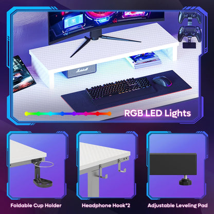 42 Inch LED Gaming Desk with Monitor Stand PC Computer Gamer Home Office Table in White