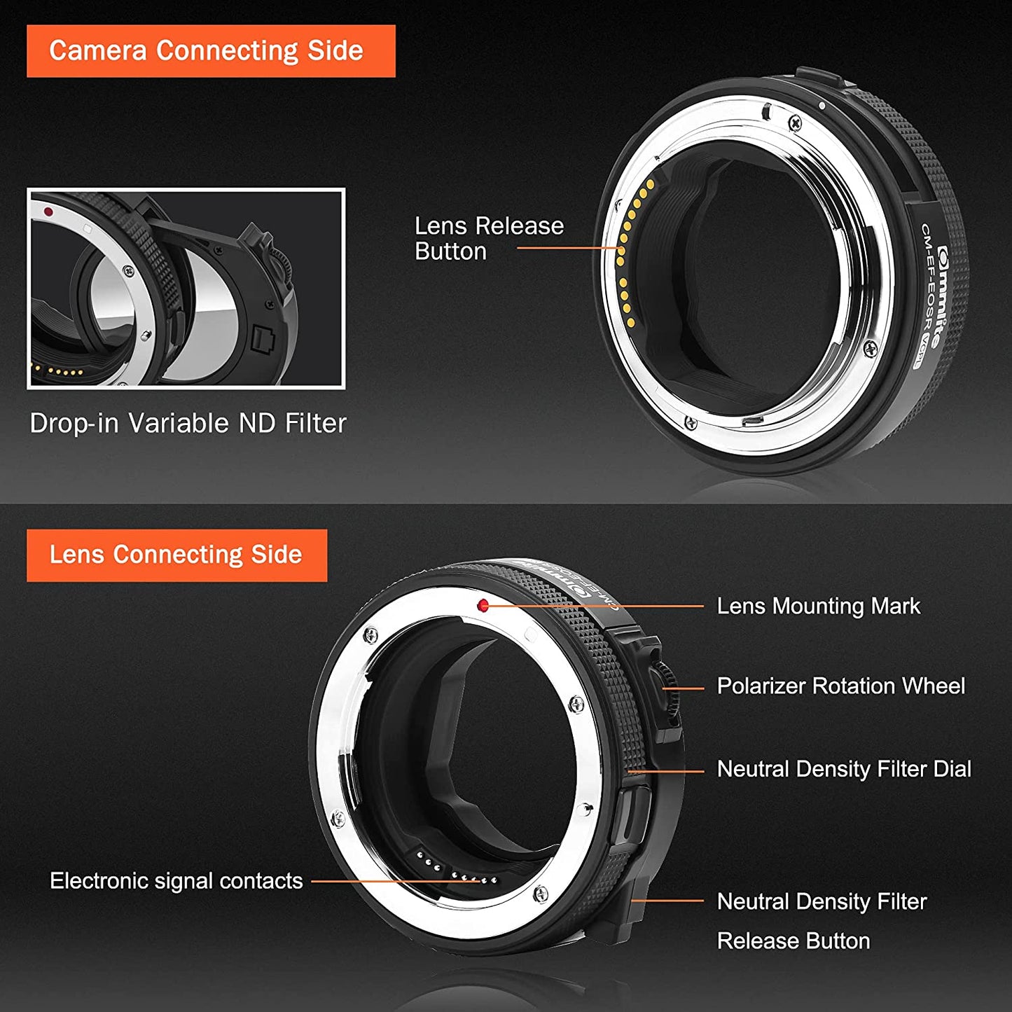 CM-EF-EOSR VND AF Lens Adapter with Drop-In Variable ND Filter,Compatible with Canon EF/EF S Mount Lenses to Canon EOS R/EOS R5/EOS R6/EOS RP RF Series Cameras